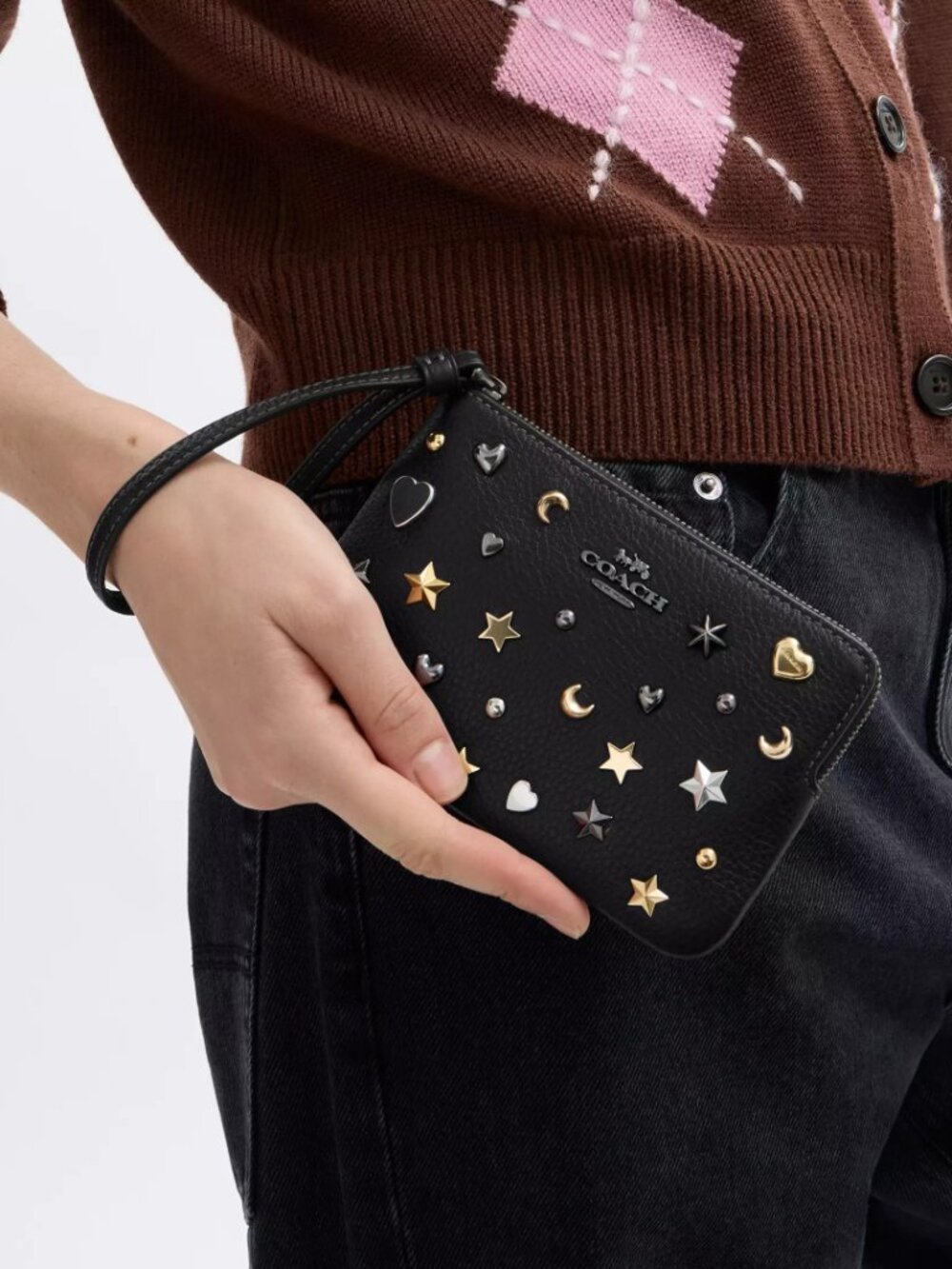 🔥 RARE🔥 COACH Star, Heart, Moons Studded Rivets Black Wristlet